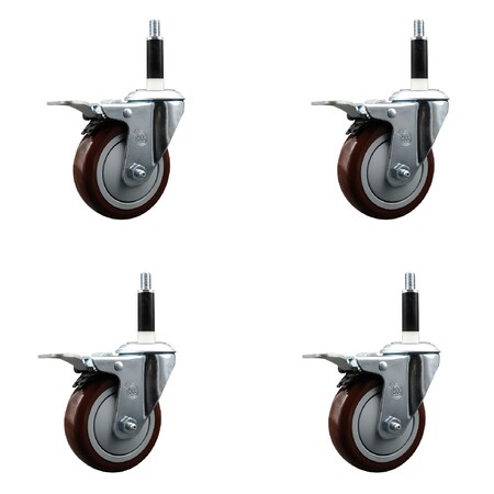 Service Caster 4'' SS Maroon Poly Swivel 7/8'' Expanding Stem Caster Set Total Lock Brake, 4PK SCC-SSEXTTL20S414-PPUB-MRN-78-4